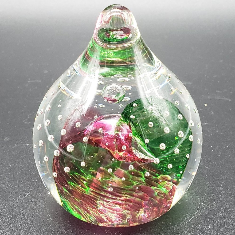 Caithness Scotland Green Amethyst Bubbled Teardrop Art Glass Paperweight
